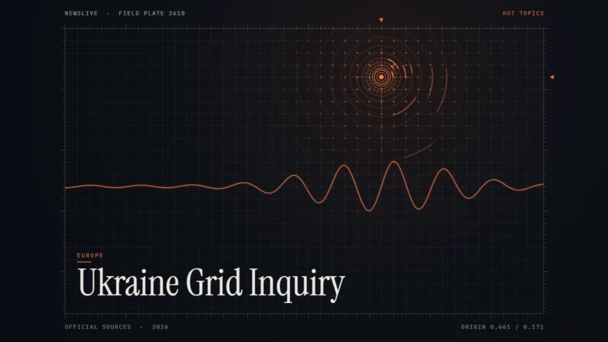 Ukraine energy attacks news illustration: orange signal rings and waveform with the title Ukraine Grid Inquiry