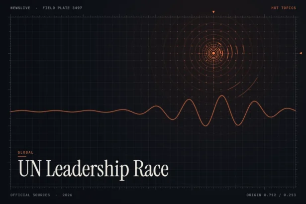 un secretary-general race news illustration: orange signal rings and waveform with the title UN Leadership Race