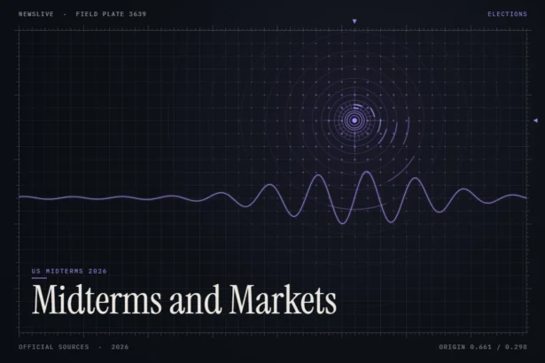 US midterms markets illustration: abstract signal design with the title Midterms and Markets