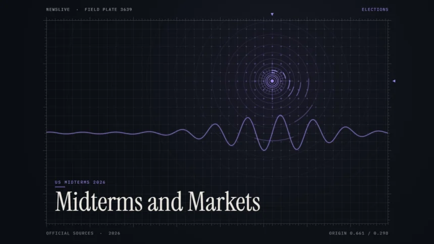 US midterms markets illustration: abstract signal design with the title Midterms and Markets