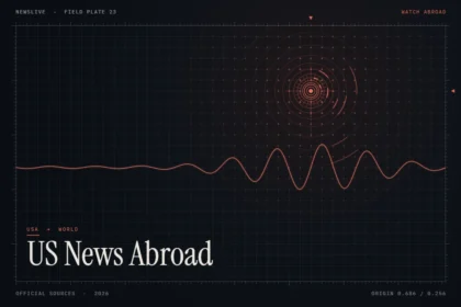 Watch US news abroad guide illustration: coral broadcast rings with the title US News Abroad