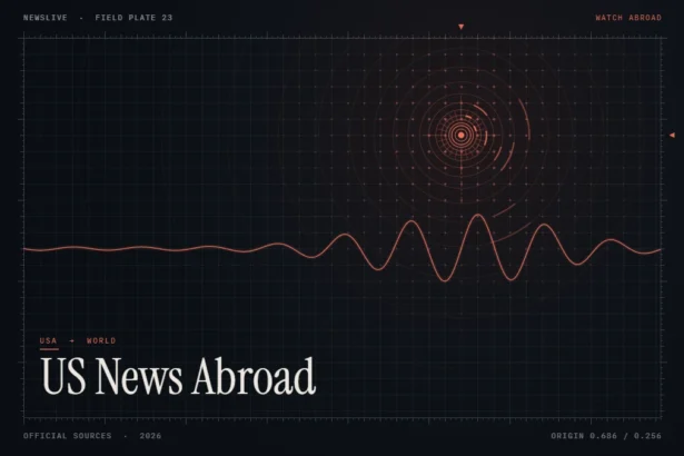 Watch US news abroad guide illustration: coral broadcast rings with the title US News Abroad