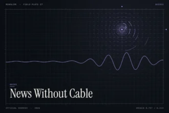 Watch news without cable guide illustration: violet signal rings with the title News Without Cable