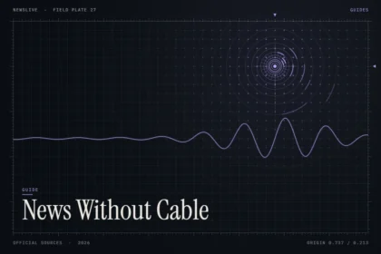 Watch news without cable guide illustration: violet signal rings with the title News Without Cable