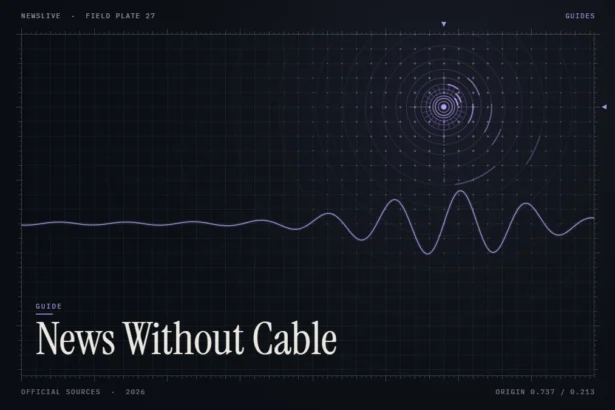 Watch news without cable guide illustration: violet signal rings with the title News Without Cable
