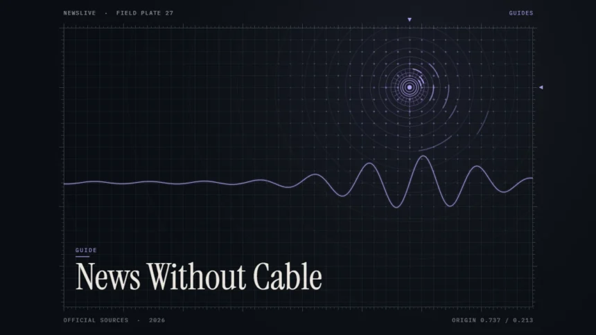 Watch news without cable guide illustration: violet signal rings with the title News Without Cable