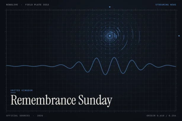 Watch Remembrance Sunday guide illustration: blue signal rings and waveform with the title Remembrance Sunday