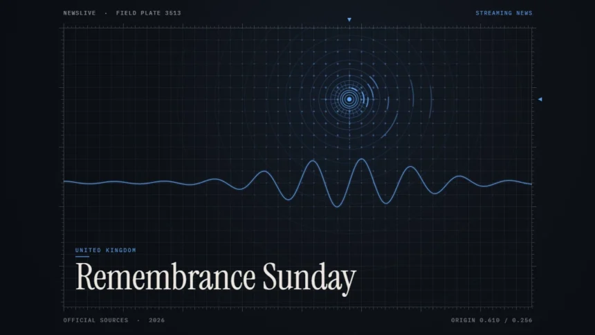 Watch Remembrance Sunday guide illustration: blue signal rings and waveform with the title Remembrance Sunday