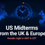 Watch the US midterms in the UK guide illustration: blue world map linking North America and Europe with a clock and the title US Midterms from the UK & Europe