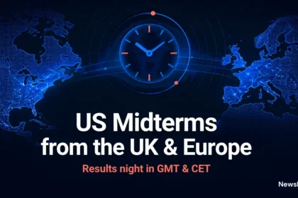 Watch the US midterms in the UK guide illustration: blue world map linking North America and Europe with a clock and the title US Midterms from the UK & Europe
