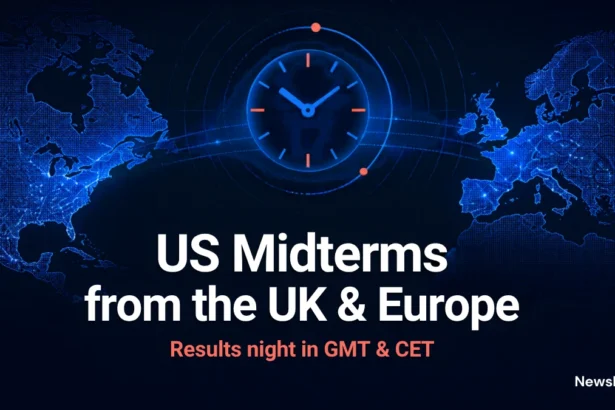 Watch the US midterms in the UK guide illustration: blue world map linking North America and Europe with a clock and the title US Midterms from the UK & Europe