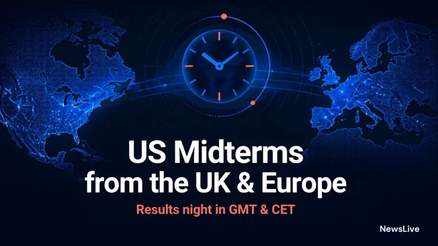 Watch the US midterms in the UK guide illustration: blue world map linking North America and Europe with a clock and the title US Midterms from the UK & Europe