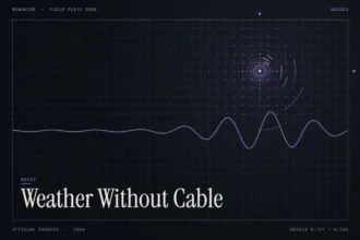 Weather Channel without cable guide illustration: violet signal rings and waveform with the title Weather Without Cable