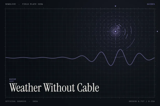 Weather Channel without cable guide illustration: violet signal rings and waveform with the title Weather Without Cable