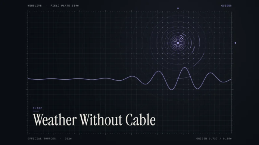 Weather Channel without cable guide illustration: violet signal rings and waveform with the title Weather Without Cable
