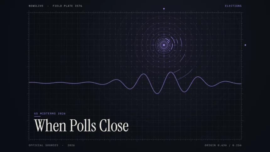 When do polls close illustration: abstract signal design with the title When Polls Close